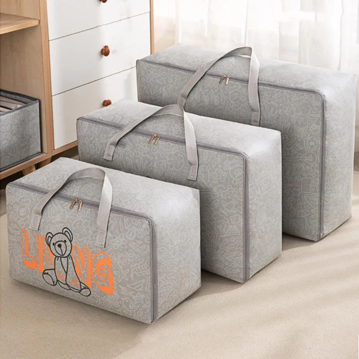 2pcs Cartoon Bear Luggage Organizer Storage Bags Blanket Quilt Closet Box Set - White-M