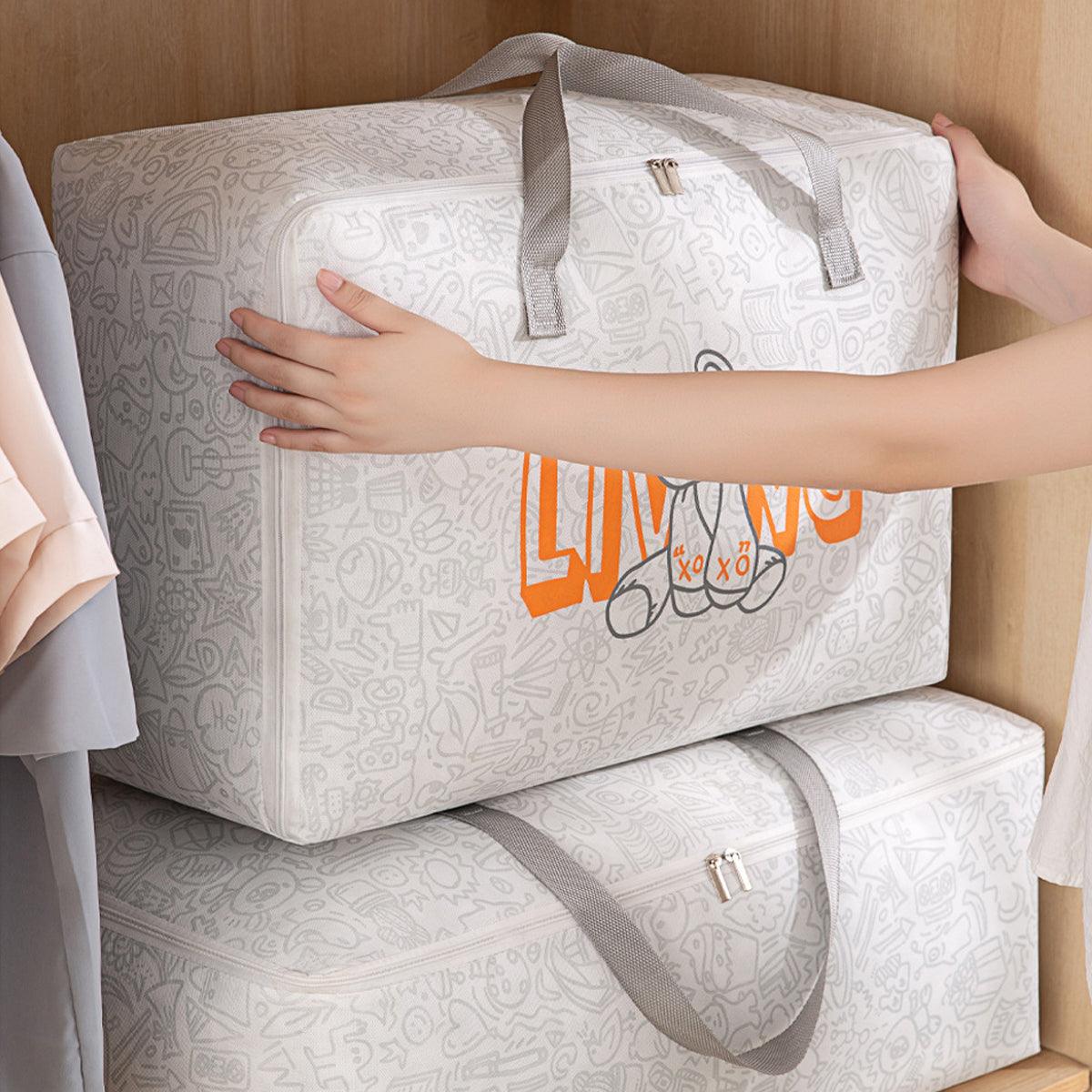 2pcs Cartoon Bear Luggage Organizer Storage Bags Blanket Quilt Closet Box Set - White-M