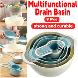 8pcs Plastic Basin Set Drain Basket Washing Mixing Bowl Set Kitchen Baking Tools