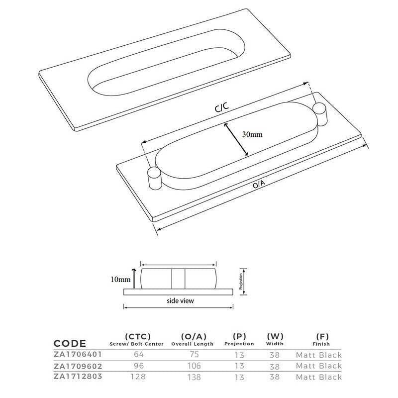 Matte Black Flush Pull Handle for Sliding Door Cabinet Drawer Kitchen Furniture - 96MM