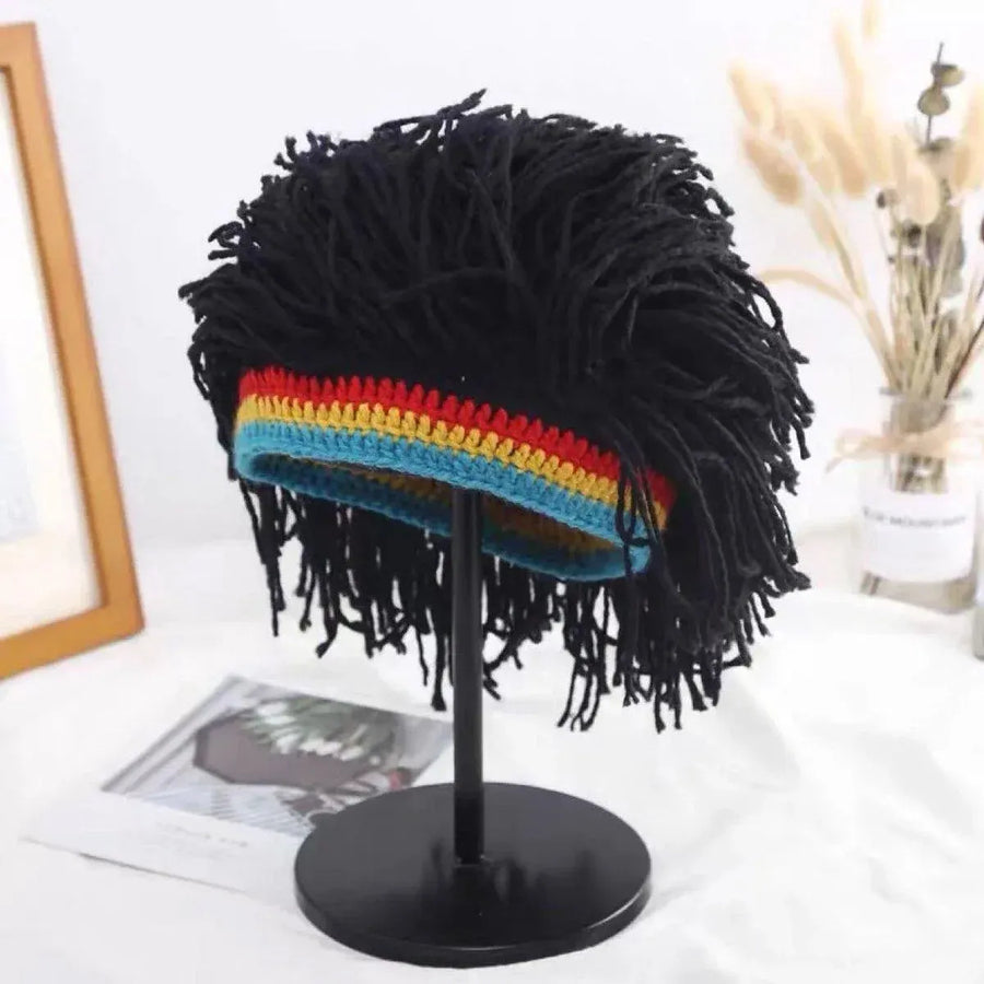 1-Piece Black Knitted Novelty Wig Hat