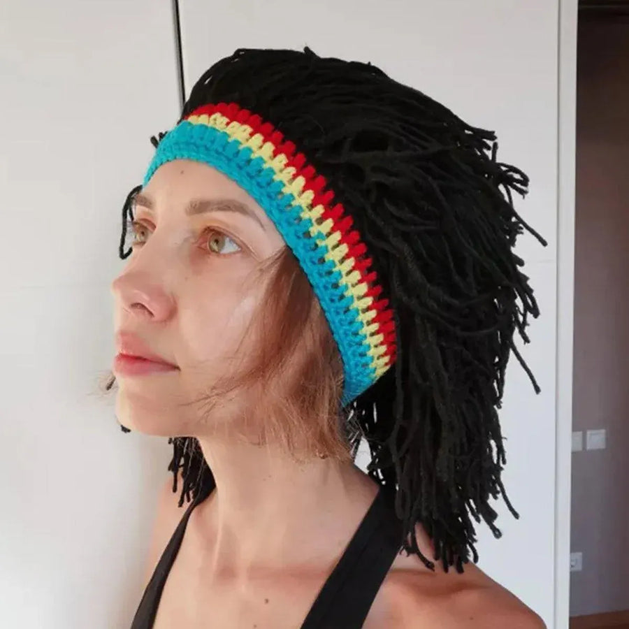 1-Piece Black Knitted Novelty Wig Hat