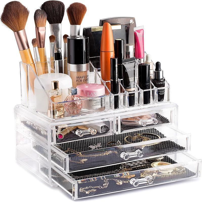 Holder Cosmetic Makeup Organiser 4 Drawer Storage Jewellery Box Clear Acrylic - Without Black Mesh Pad