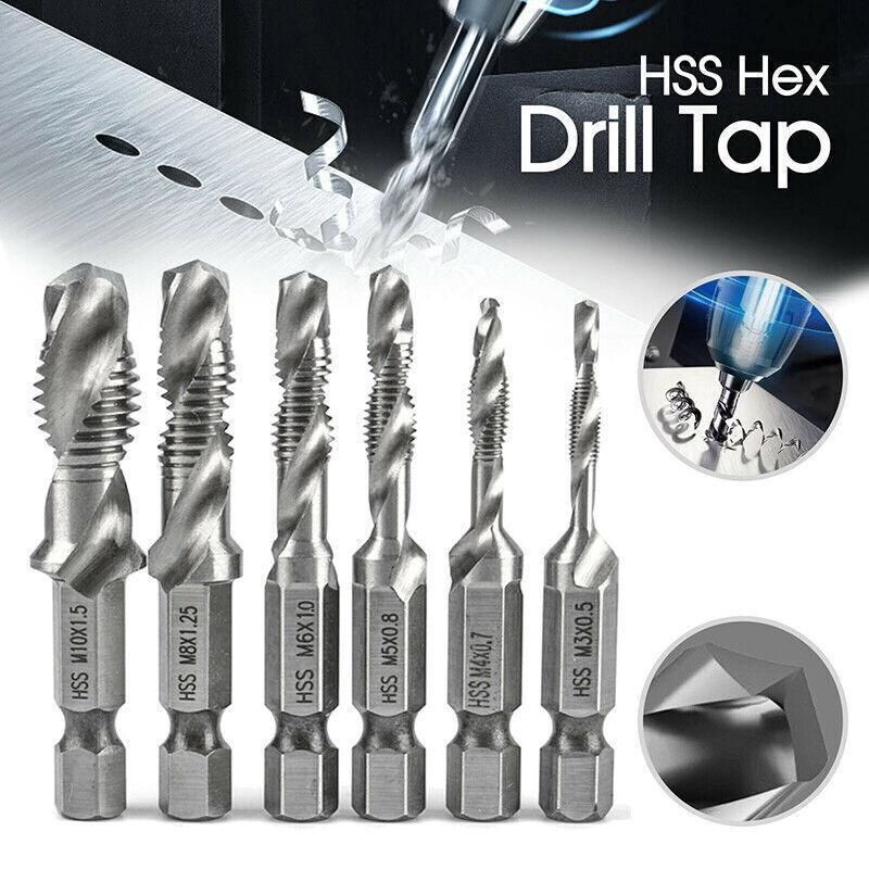 6X Hss Hex Shank Tap Drill Bits Metric Thread Screw Tapping Compound Set Tool