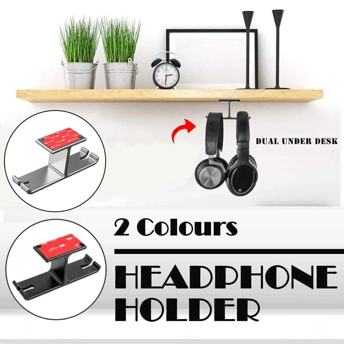 Universal Dj Headphone Pc Hanger Hook Tape Under Desk Dual Headset Mount Holder - Black