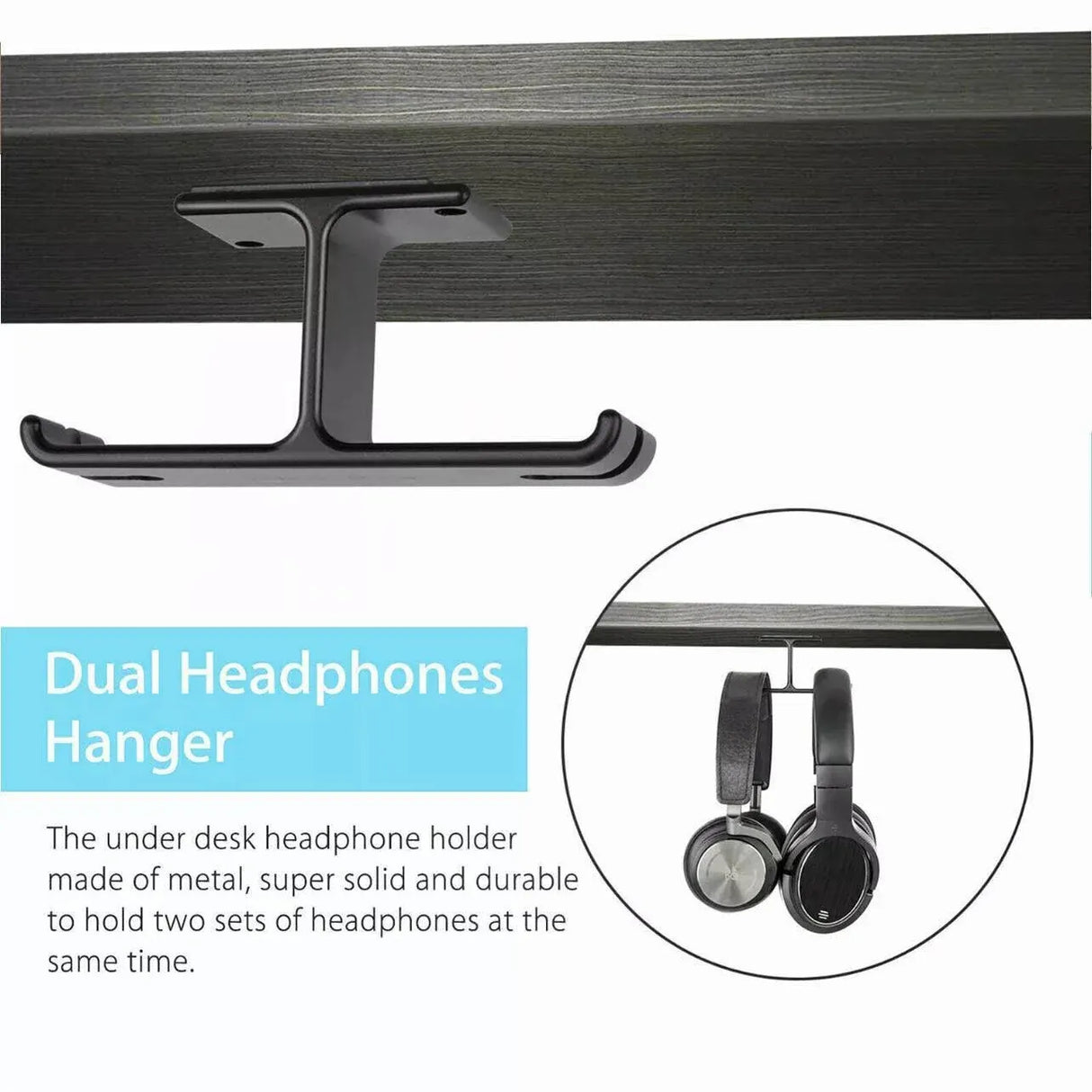 Universal Dj Headphone Pc Hanger Hook Tape Under Desk Dual Headset Mount Holder - Silver