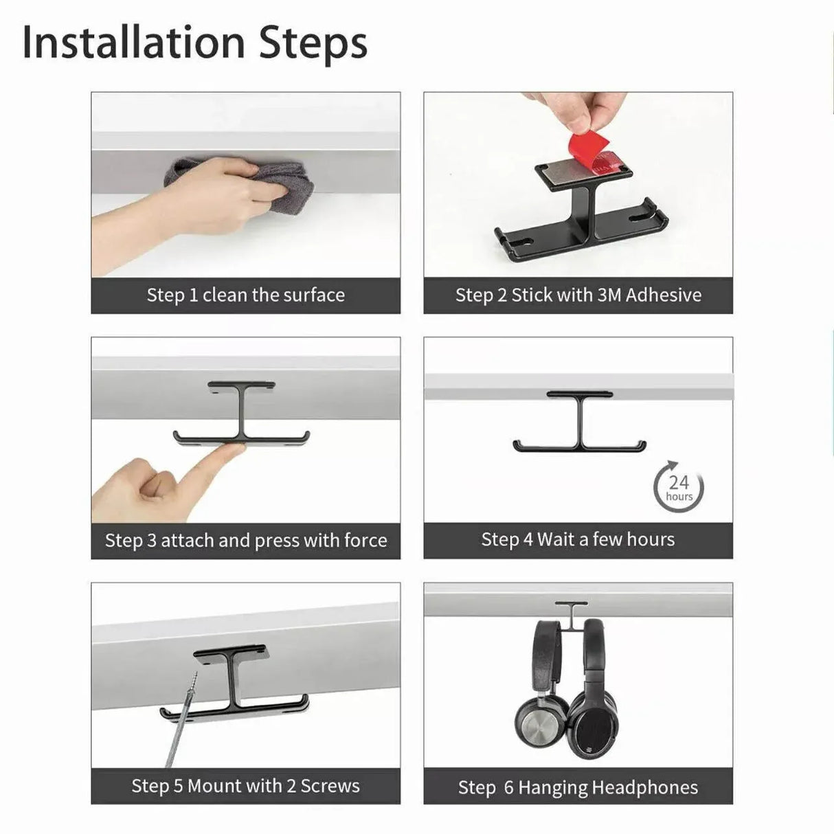 Universal Dj Headphone Pc Hanger Hook Tape Under Desk Dual Headset Mount Holder - Silver