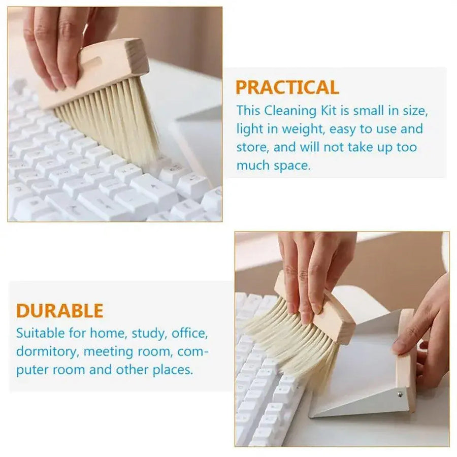 Mini White Brush Broom with Dustpan Car Desk Table Keyboard Cleaning Portable