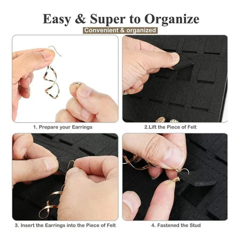 Hanging Jewelry Organizer Earring Necklace Holder Felt Display Storage Rack - Black