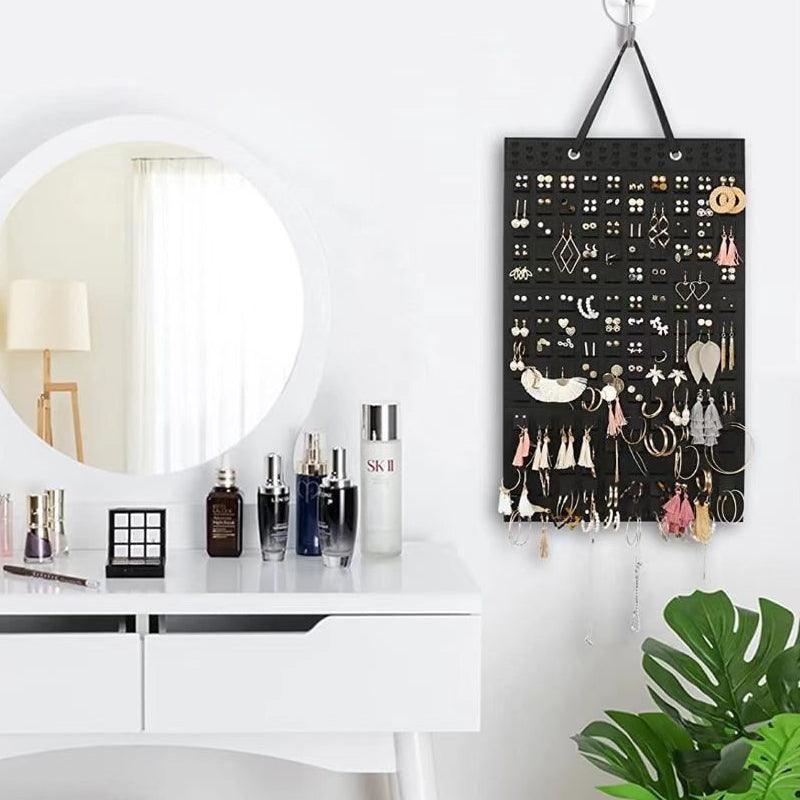 Hanging Jewelry Organizer Earring Necklace Holder Felt Display Storage Rack - Black