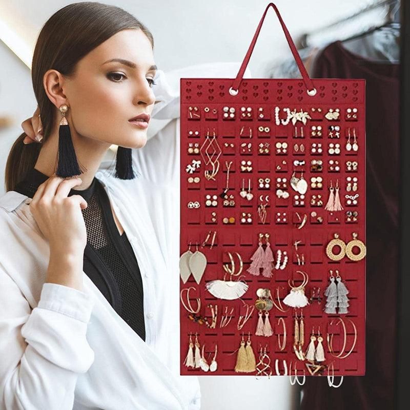 Hanging Jewelry Organizer Earring Necklace Holder Felt Display Storage Rack - Black