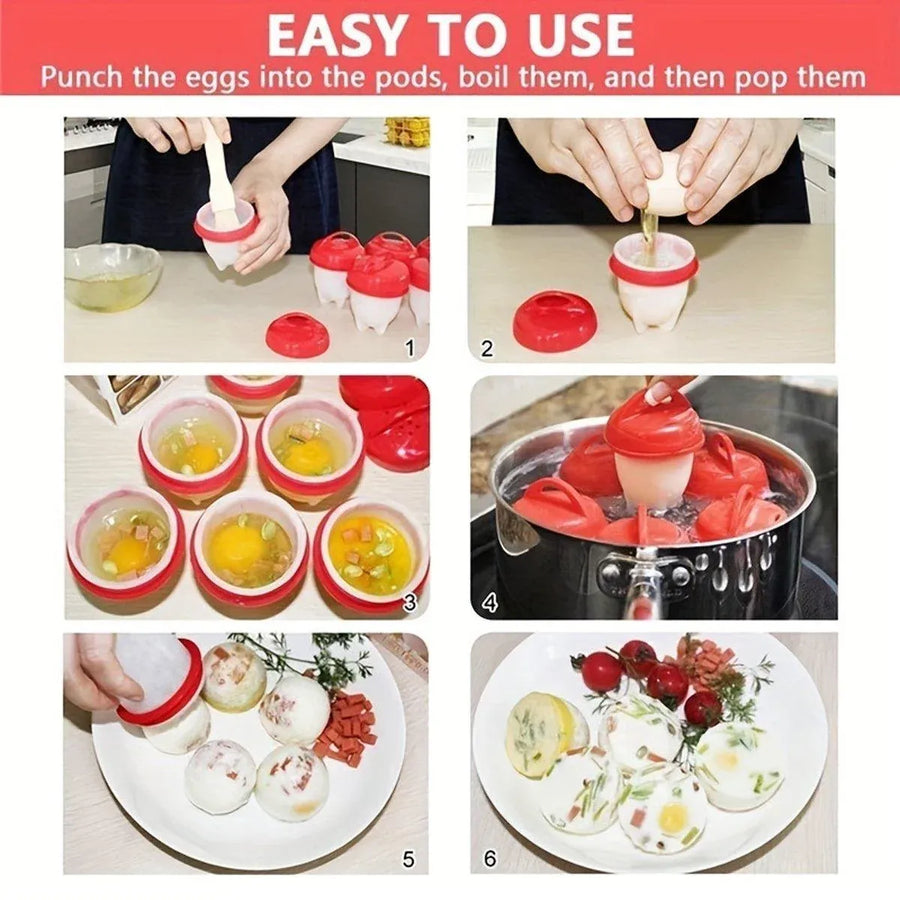 6-Piece Egg Cooker Cup Set with Lids, Red and White