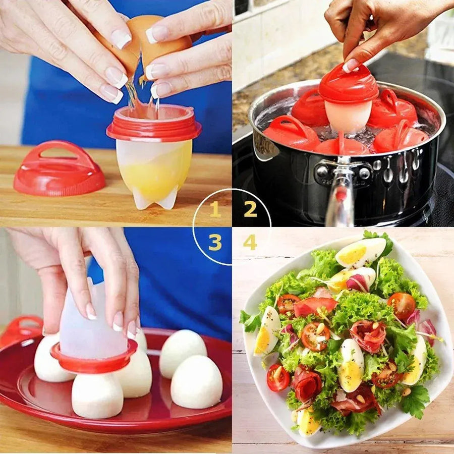 6-Piece Egg Cooker Cup Set with Lids, Red and White