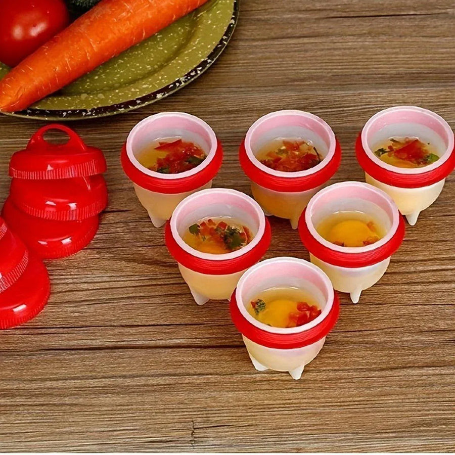 6-Piece Egg Cooker Cup Set with Lids, Red and White