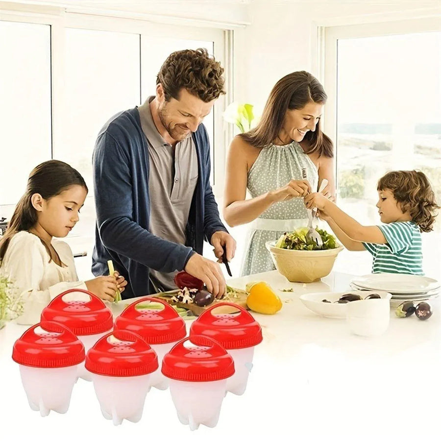 6-Piece Egg Cooker Cup Set with Lids, Red and White