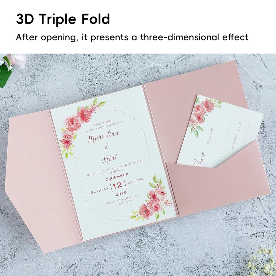 20PCS 3D Tri-Fold Holiday Wedding Invitation Envelope Greeting Cards Aesthetic - Pink