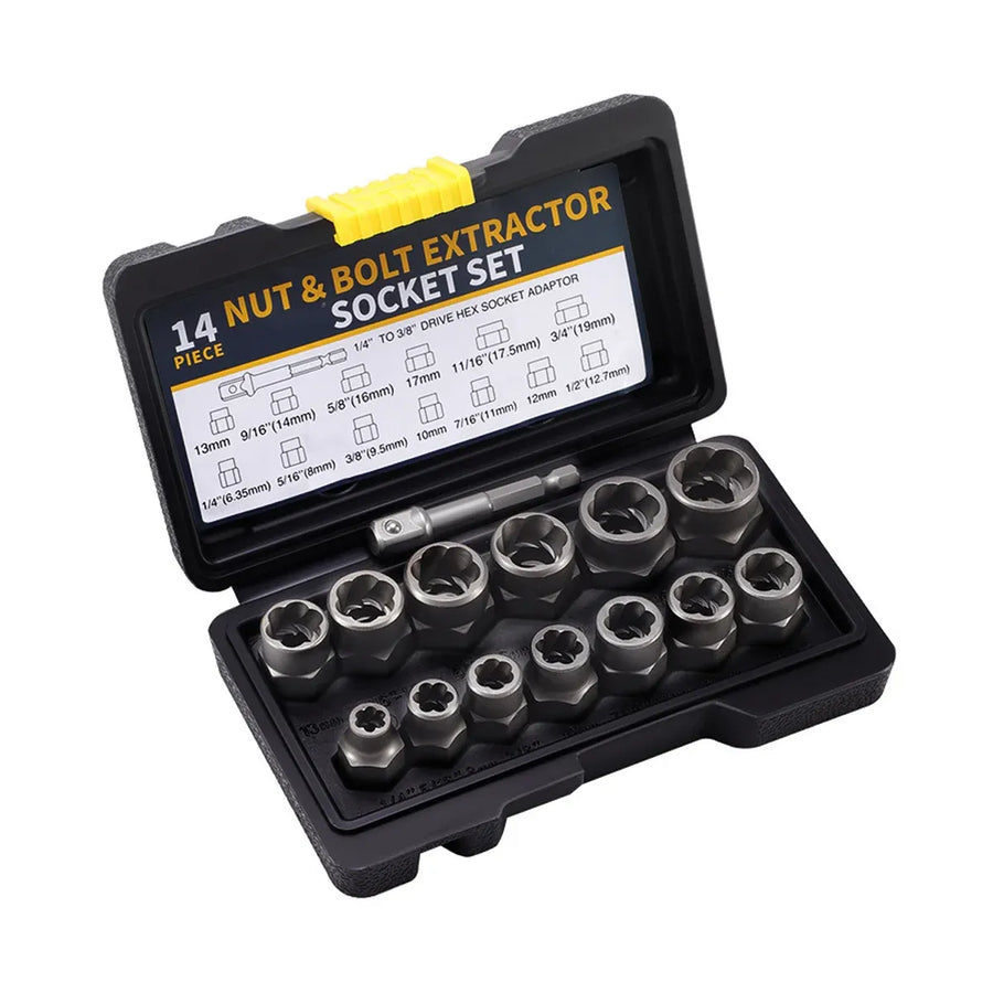 14PCS Nut Extractor Damaged Bolt Remover Tool Set High Hardness Anti-Slip