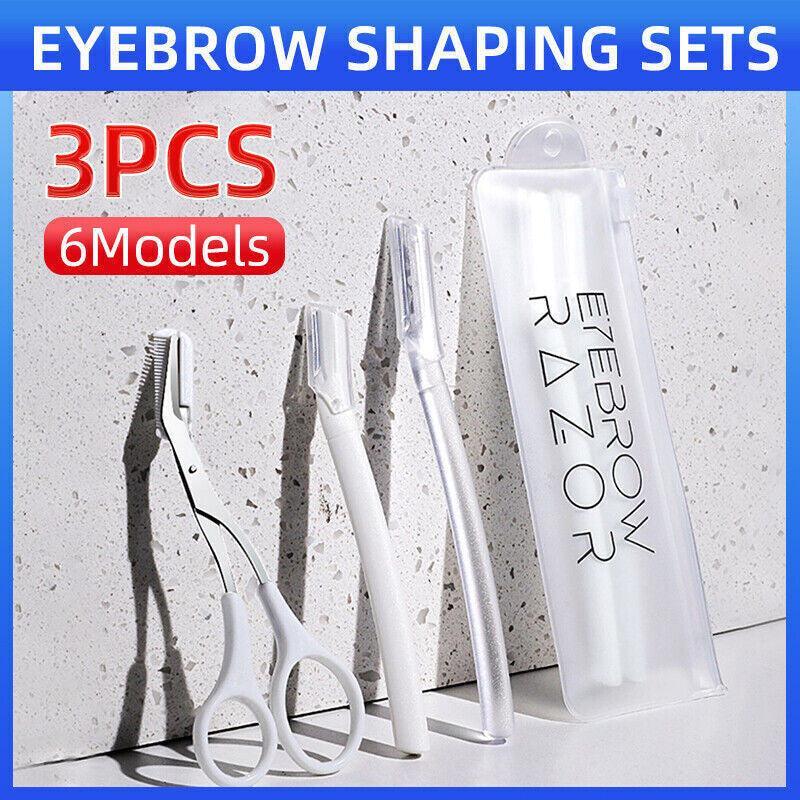 3Pcs Eyebrow Razor Set Facial Trimmer Shaver Blade Hair Remover Beauty Tool - White+Clear Eyebrow Razor+Scissor