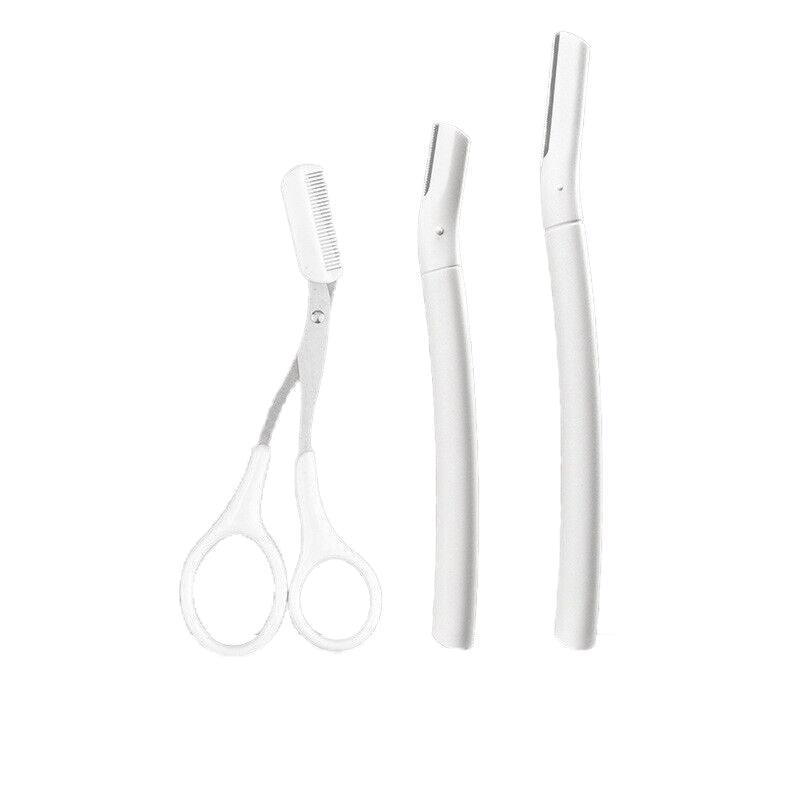 3Pcs Eyebrow Razor Set Facial Trimmer Shaver Blade Hair Remover Beauty Tool - White+Clear Eyebrow Razor+Scissor