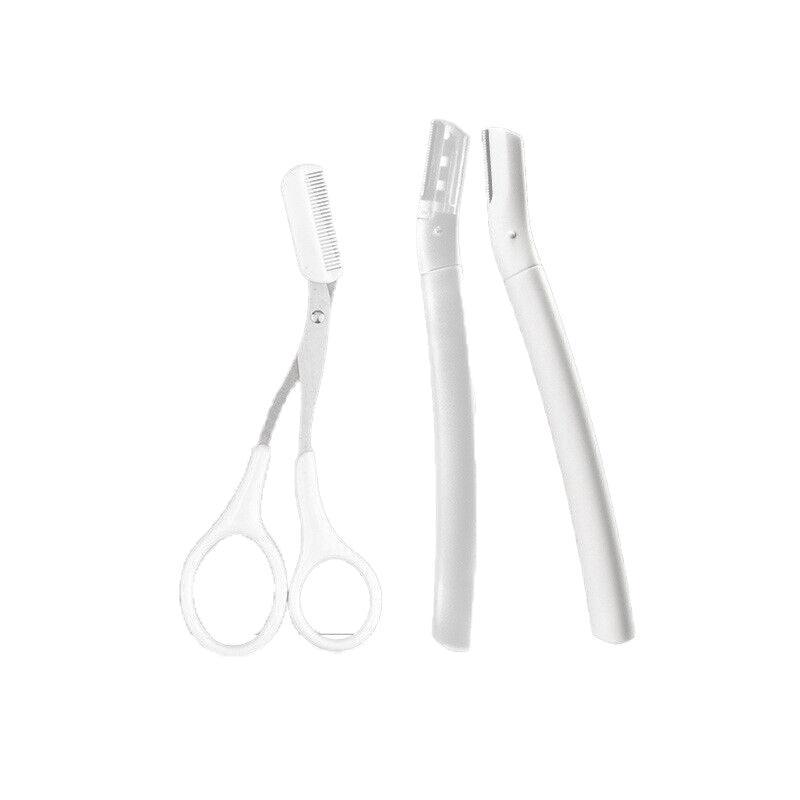 3Pcs Eyebrow Razor Set Facial Trimmer Shaver Blade Hair Remover Beauty Tool - White+Clear Eyebrow Razor+Scissor