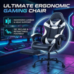 Black and White Gaming Chair with Footrest and Lumbar Support