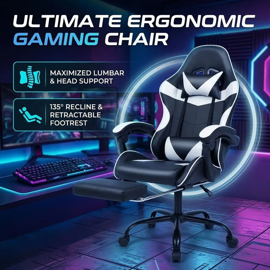 Black and White Gaming Chair with Footrest and Lumbar Support