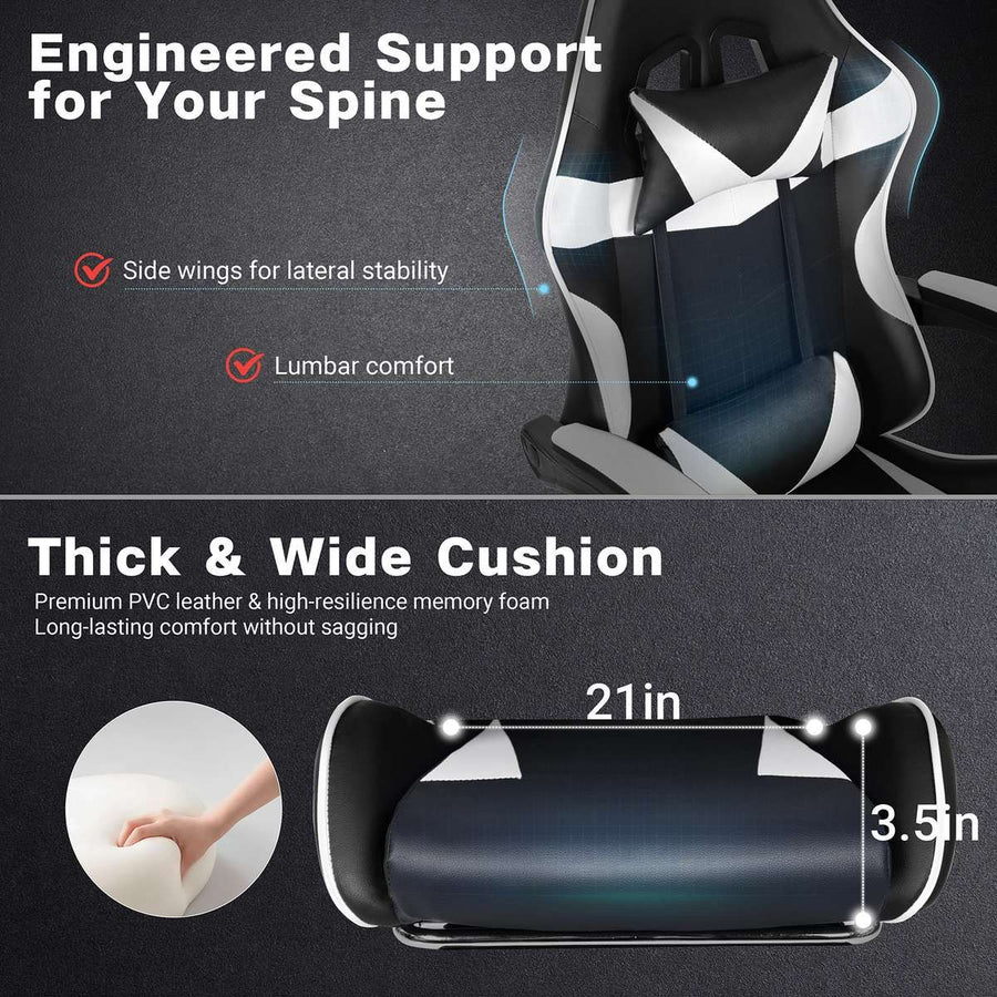 Black and White Gaming Chair with Footrest and Lumbar Support