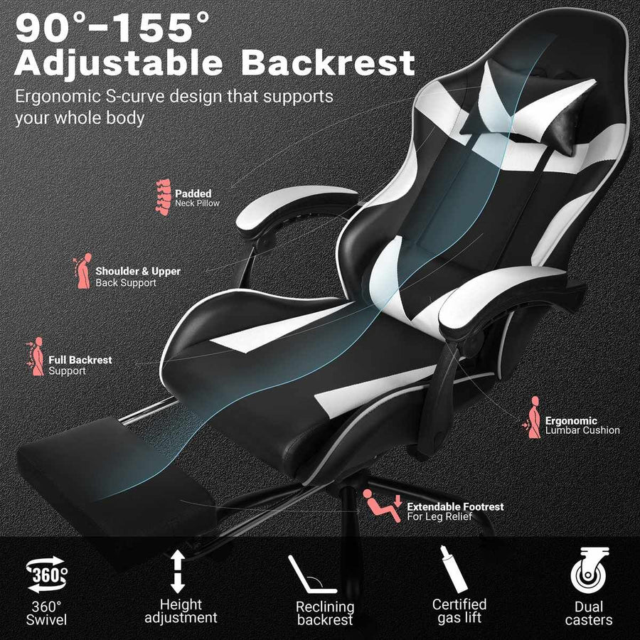 Black and White Gaming Chair with Footrest and Lumbar Support