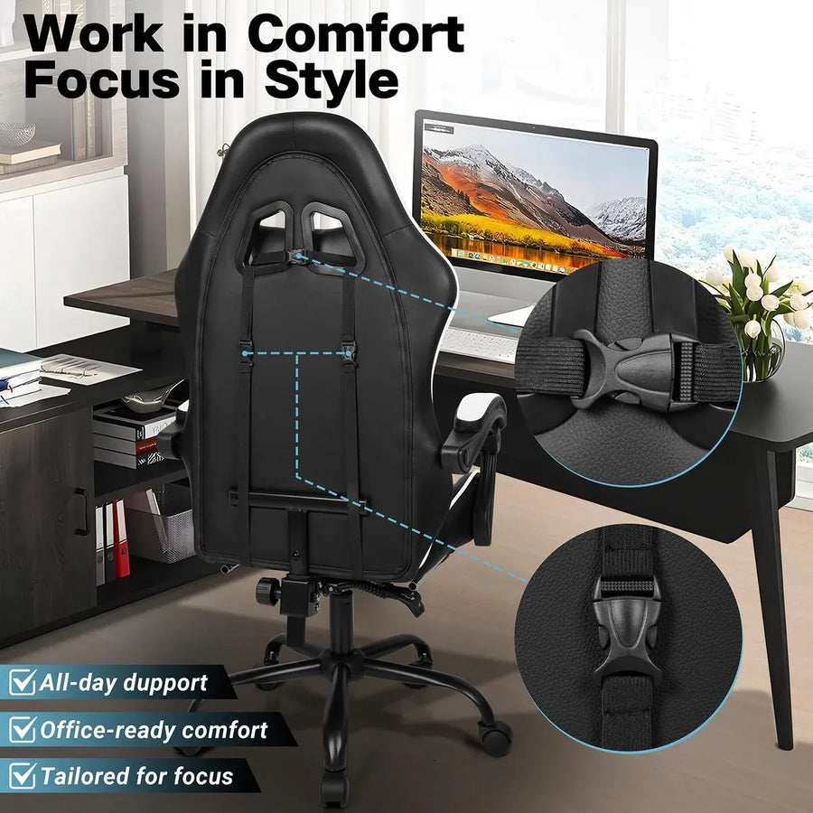 Black and White Gaming Chair with Footrest and Lumbar Support