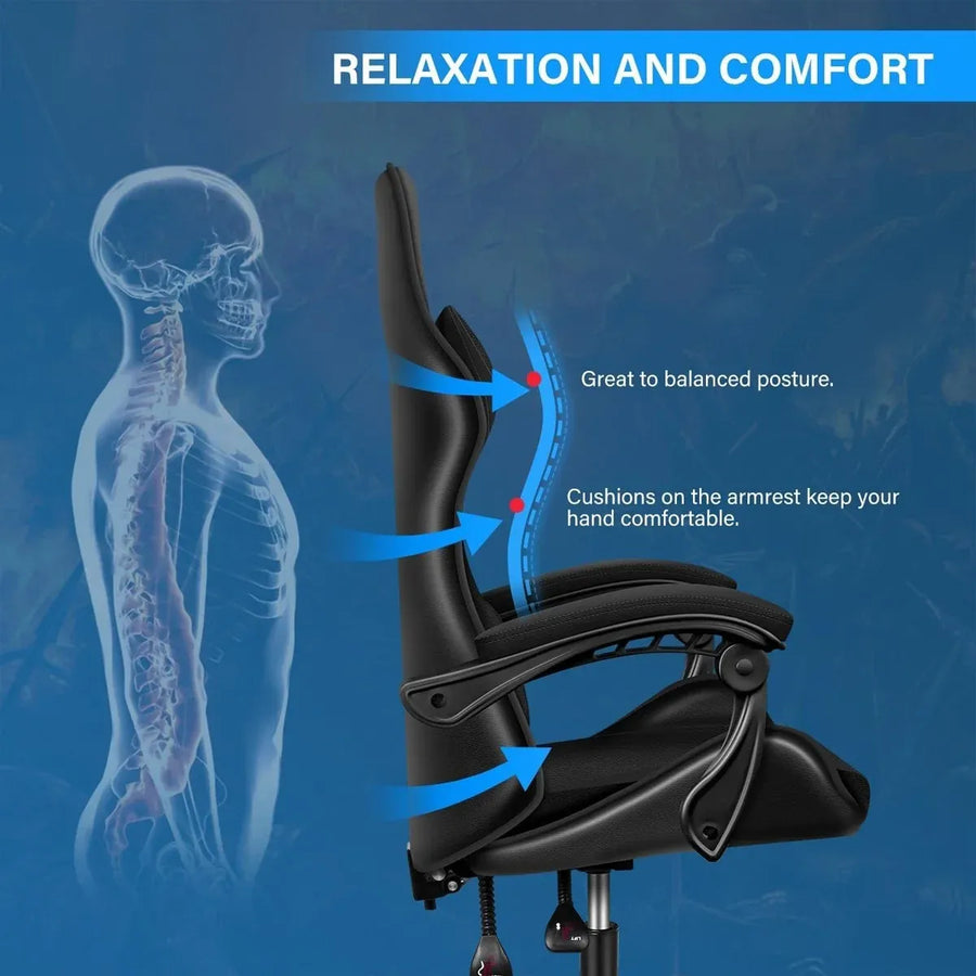 Black and White Gaming Chair with Footrest and Lumbar Support