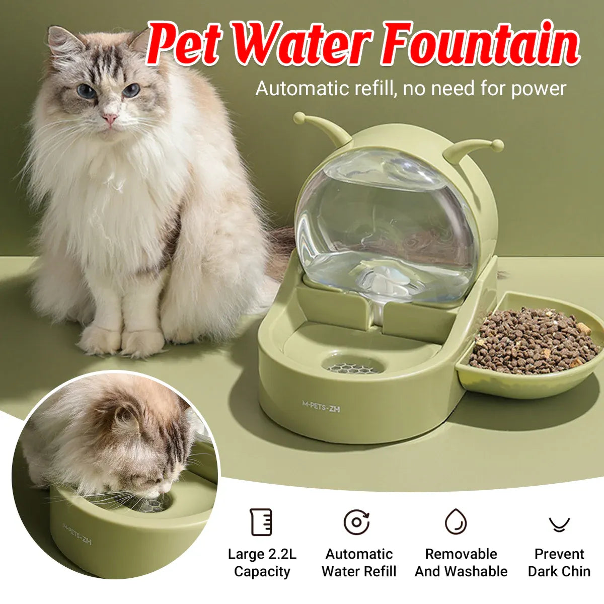 2.2L Large Capacity Pet Water Fountain with Food Bowl Auto Circulation Filtered