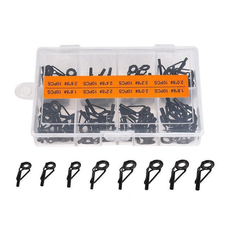 80 Fishing Rod Guide Set Tackle Tips Repair Kits Ring 8 Size Stainless Steel Box