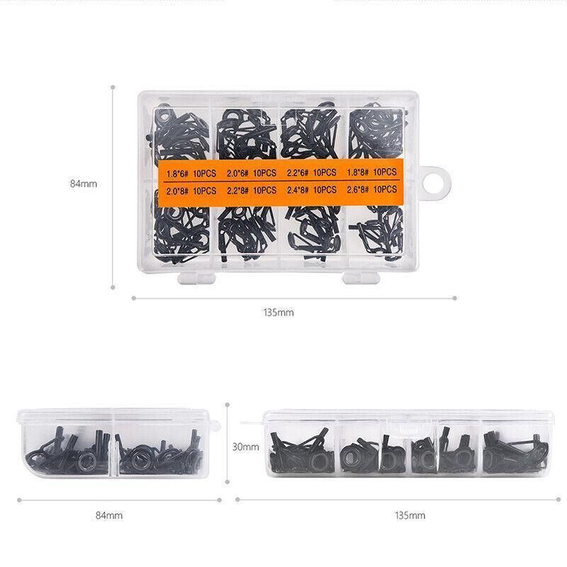 80 Fishing Rod Guide Set Tackle Tips Repair Kits Ring 8 Size Stainless Steel Box