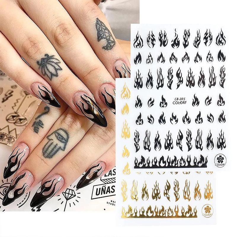 3D Flame Nail Stickers Fire Design Manicure Decals Self Adhesive Nail Art Sheet - Black