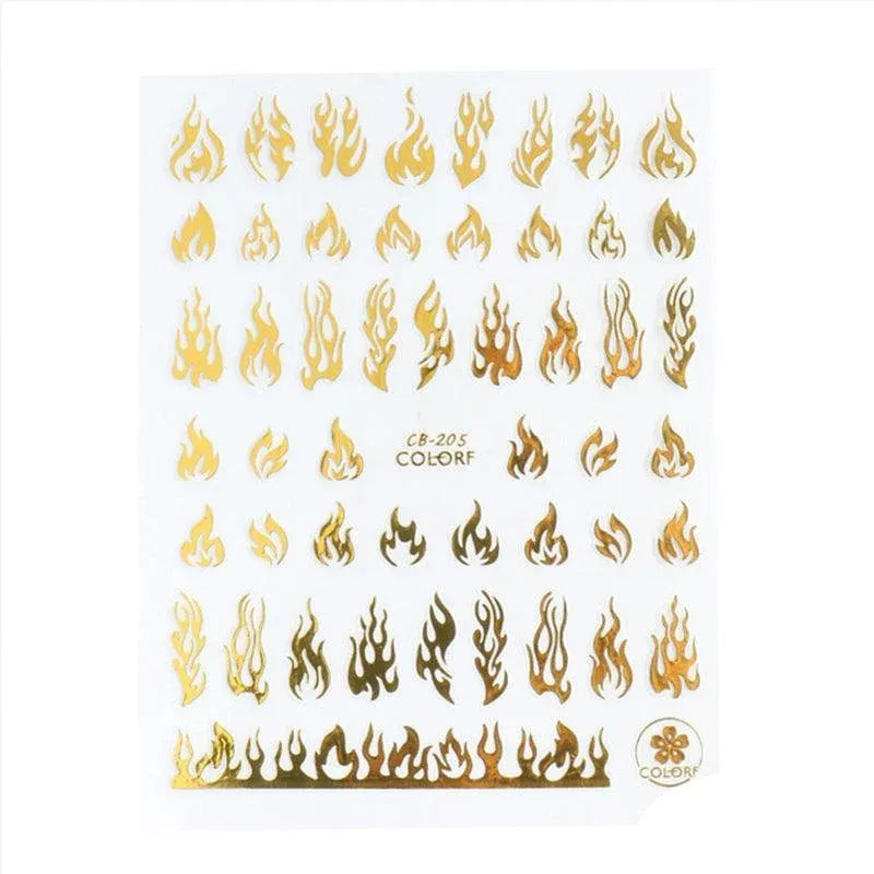 3D Flame Nail Stickers Fire Design Manicure Decals Self Adhesive Nail Art Sheet - Gold