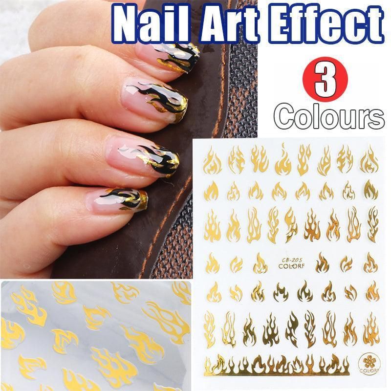 3D Flame Nail Stickers Fire Design Manicure Decals Self Adhesive Nail Art Sheet - Gold