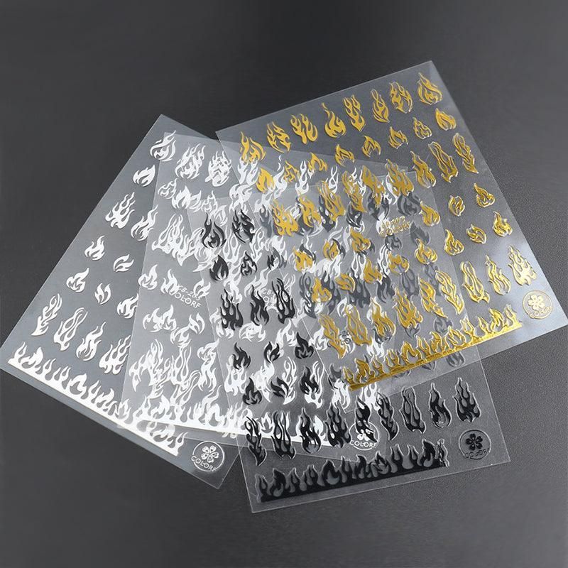 3D Flame Nail Stickers Fire Design Manicure Decals Self Adhesive Nail Art Sheet - Gold