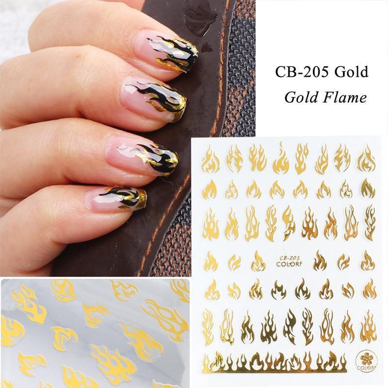 3D Flame Nail Stickers Fire Design Manicure Decals Self Adhesive Nail Art Sheet - Gold
