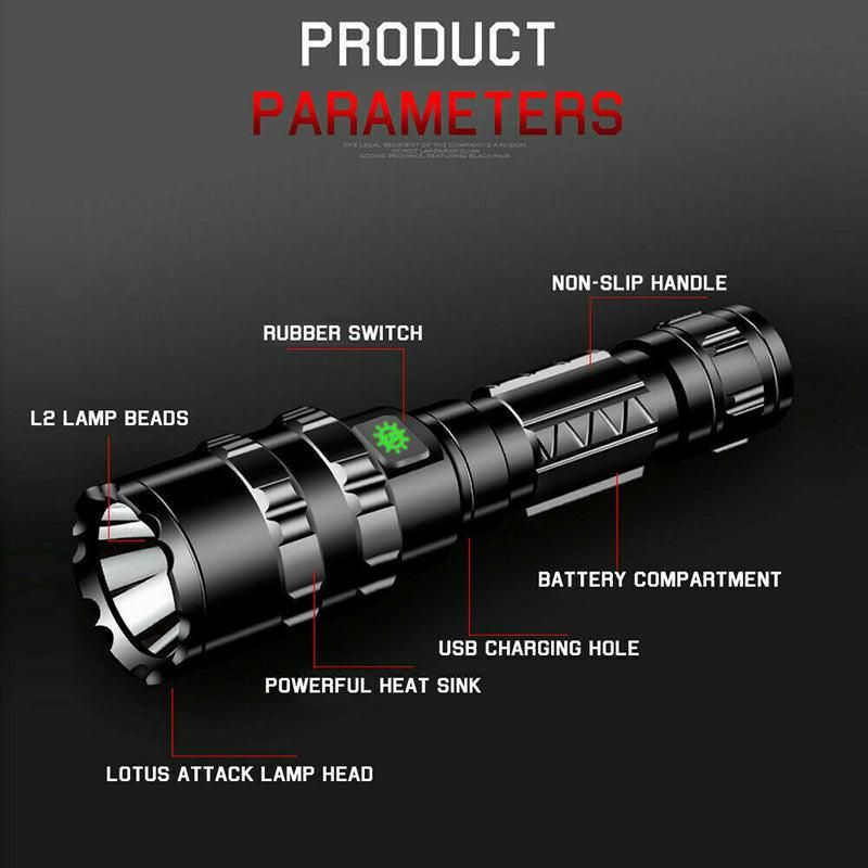 150000Lm Cree L2 Led Tactical Flashlight Usb Rechargeable Camping Hunting Torch