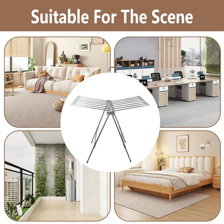 Folding Clothes Drying Rack Indoor Floor Standing Hanger Laundry Pole Airer Home