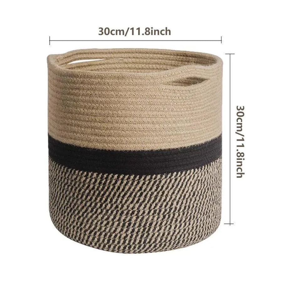 1-Piece 30 cm Woven Cotton Rope Storage Basket, Black and Beige