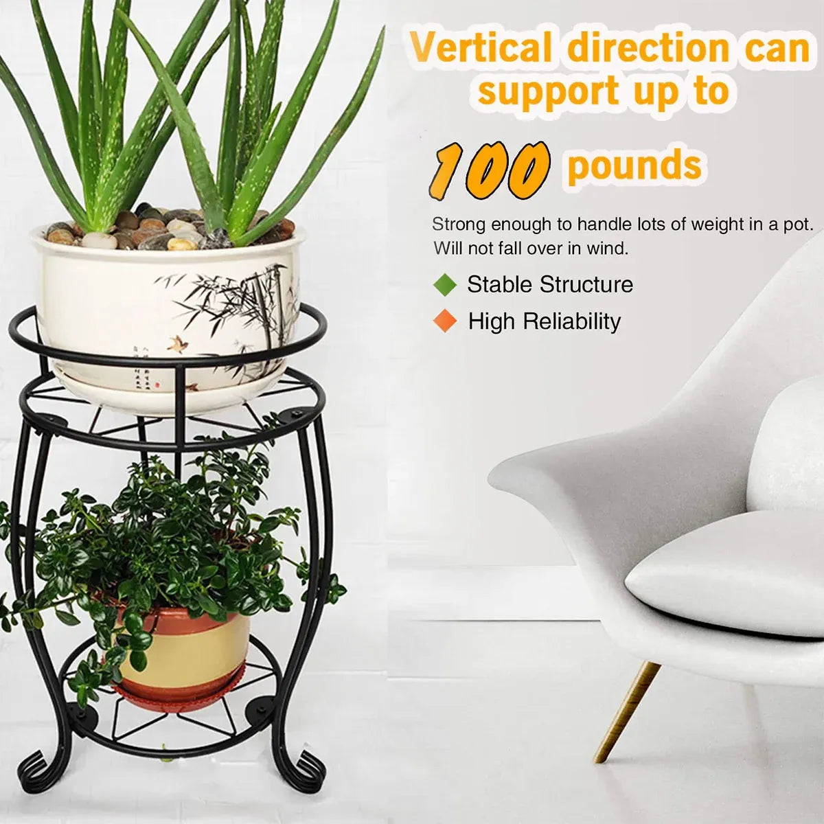 Foldable Plant Stand 2 Tier Metal Flower Shelf for Indoor Outdoor