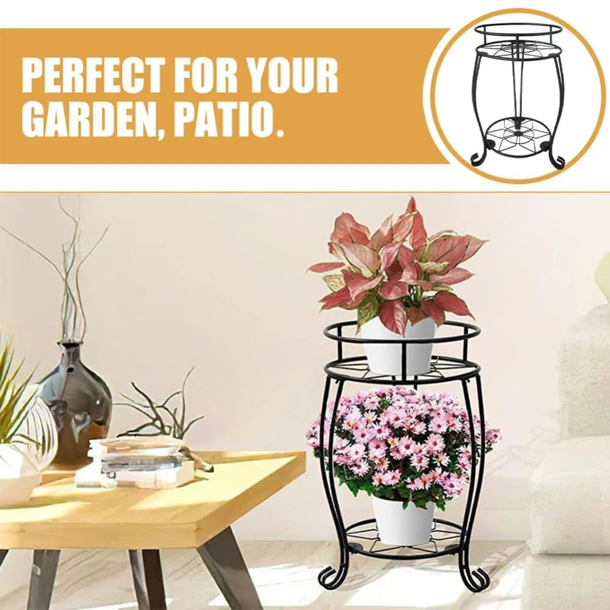 Foldable Plant Stand 2 Tier Metal Flower Shelf for Indoor Outdoor