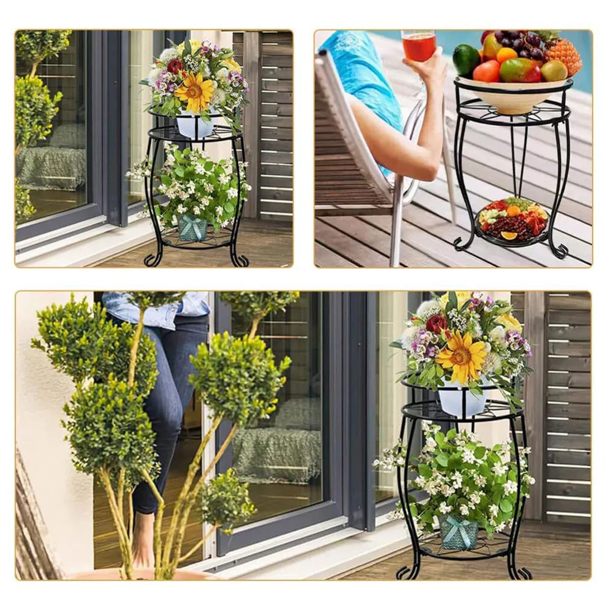 Foldable Plant Stand 2 Tier Metal Flower Shelf for Indoor Outdoor