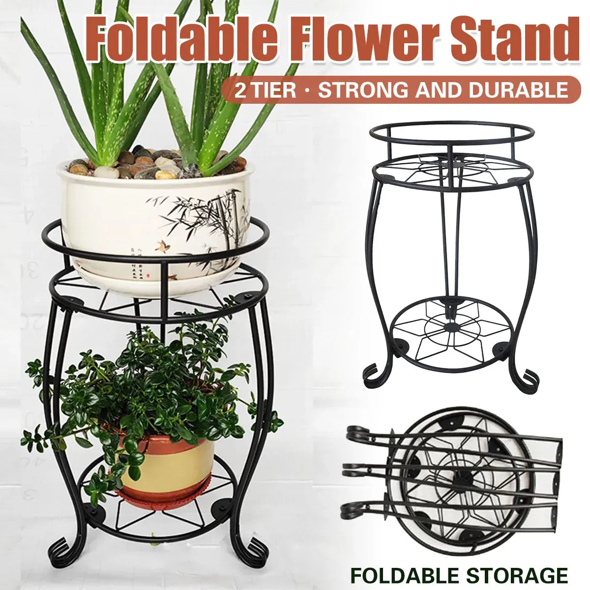 Foldable Plant Stand 2 Tier Metal Flower Shelf for Indoor Outdoor