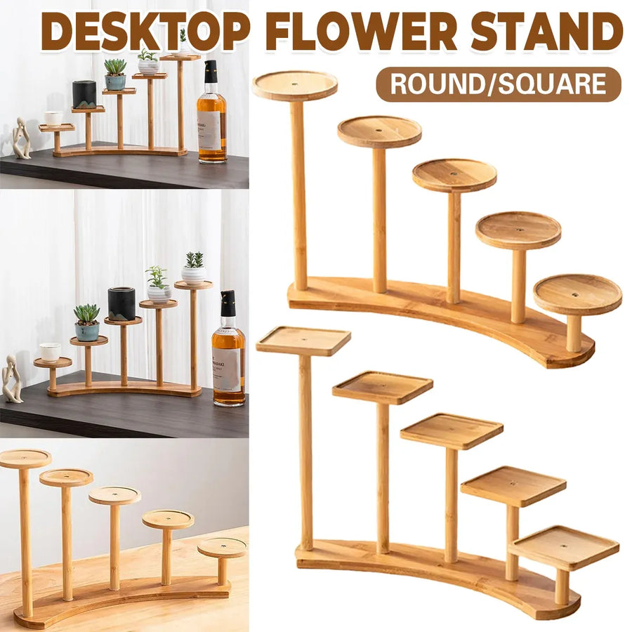 Bamboo Indoor Desktop Flower Stand for Living Room Office MultiTier Plant Holder - Square