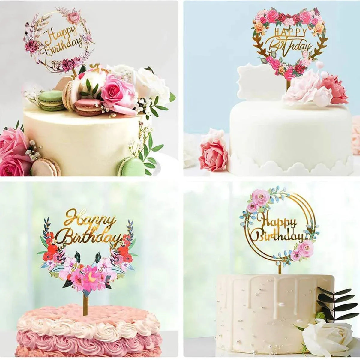 Happy Birthday Anniversary Wedding Cake Flowers Topper Acrylic Party Decorations - NO.14