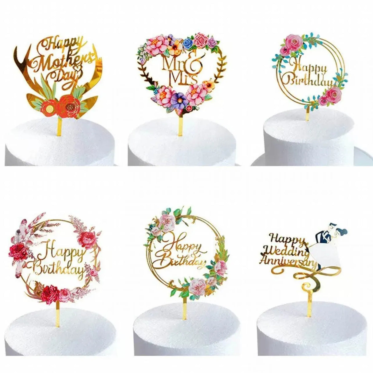 Happy Birthday Anniversary Wedding Cake Flowers Topper Acrylic Party Decorations - NO.14