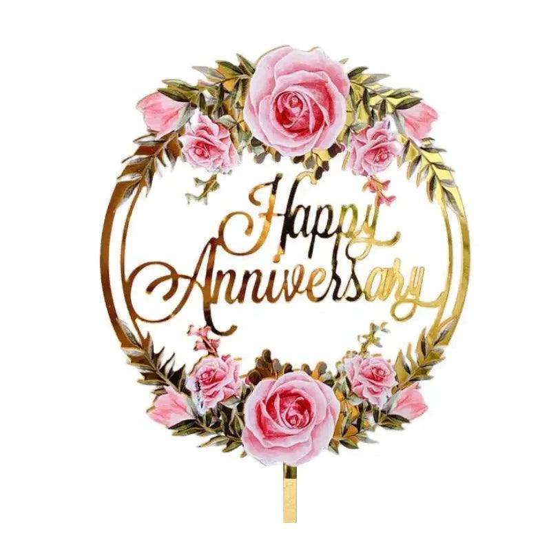 Happy Birthday Anniversary Wedding Cake Flowers Topper Acrylic Party Decorations - NO.03