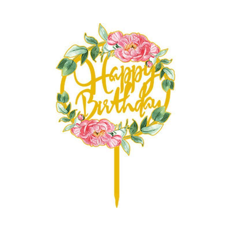 Happy Birthday Anniversary Wedding Cake Flowers Topper Acrylic Party Decorations - NO.03